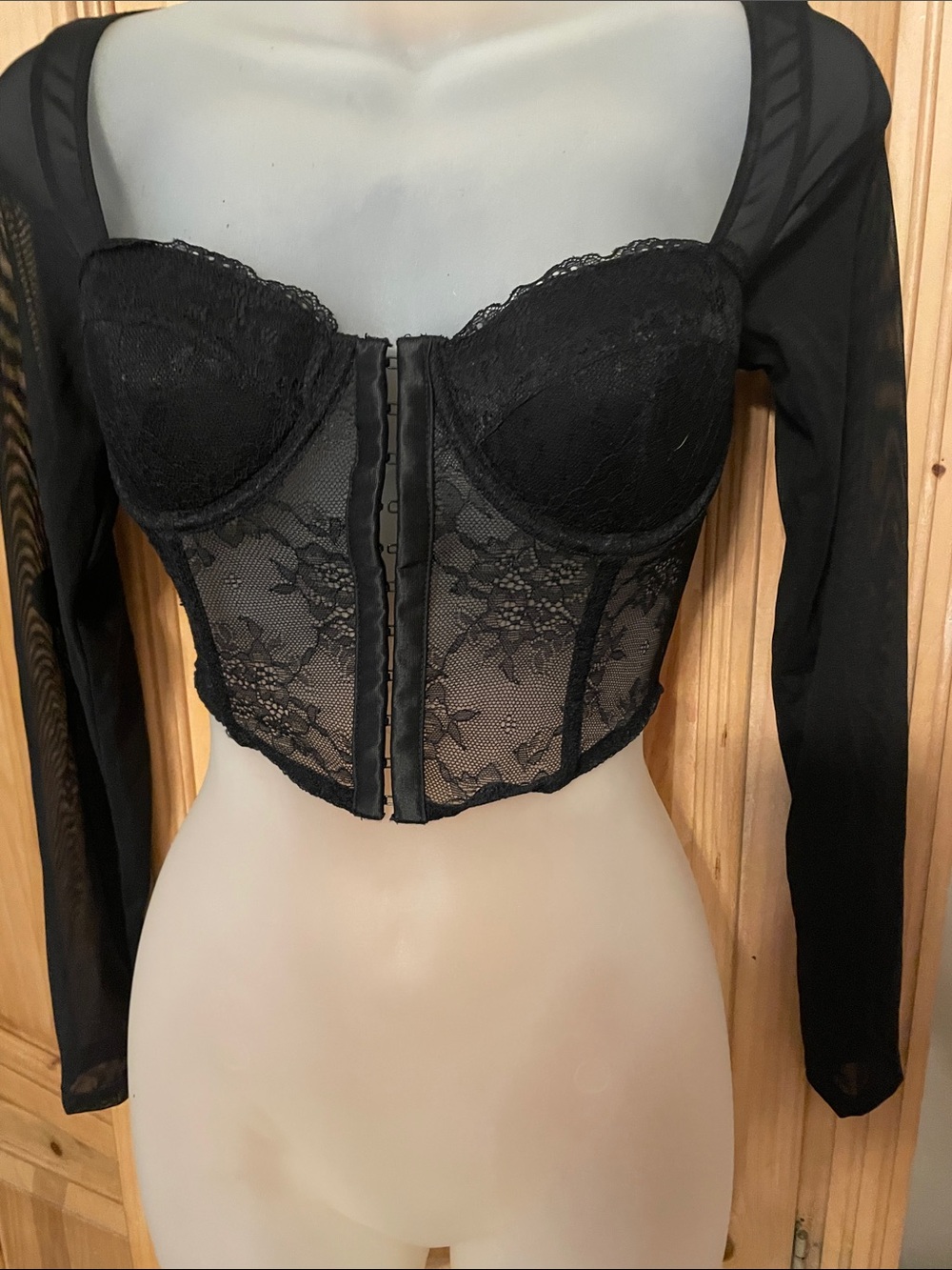 Black Lace Long-Sleeve Bustier Top NWT